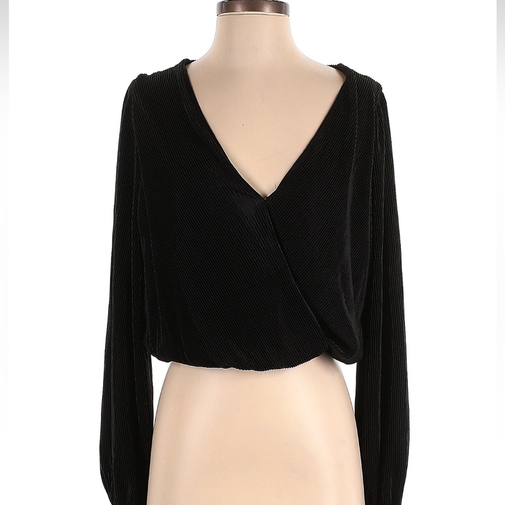 Astr The Label Black Ribbed Blouse Faux Wrap V Neck Sz Small